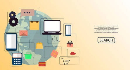 在线的互联网营销理念。数字营销,商店,电子商务购物。平的插图